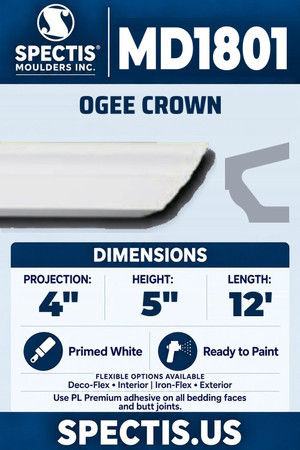 Spectis MD1801 ogee crown, section and side profile. 4 inch projection, 5 inch height, 12 foot length. Use PL Premium adhesive. Flexible options: Deco-Flex for interior use; Iron-Flex for exterior use.