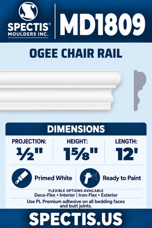 MD1809 Ogee Chair Rail — Polyurethane — ½″ P × 1⅝″ H × 12′ L — clean moulding and matching side profile