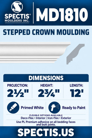 MD1810 Stepped Crown Moulding — Polyurethane — 2½″ P × 2¾″ H × 12′ L — clean moulding and matching side profile