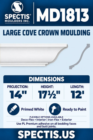 MD1813 Large Cove Crown Moulding — Polyurethane — 14″ P × 17½″ H × 12′ L — clean moulding and matching side profile