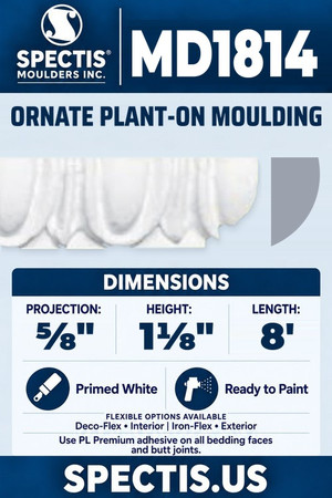 Spectis MD1814 ornate plant-on moulding, section and side profile. ⅝ inch projection, 1⅛ inch height, 8 foot length. Use PL Premium adhesive. Flexible options: Deco-Flex for interior use; Iron-Flex for exterior use.