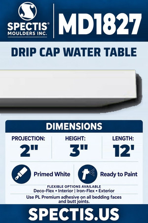 Spectis MD1827 drip cap water table, section and side profile. 2 inch projection, 3 inch height, 12 foot length. Use PL Premium adhesive. Flexible options: Deco-Flex for interior use; Iron-Flex for exterior use.