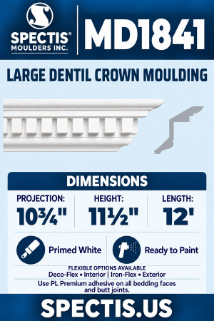 MD1841 Large Dentil Crown Moulding — Polyurethane — 10¾″ P × 11½″ H × 12′ L — clean moulding and matching side profile