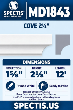 MD1843 Cove 2⅛″ — Polyurethane — 1⅝″ P × 2⅛″ H × 12′ L — clean moulding and matching side profile