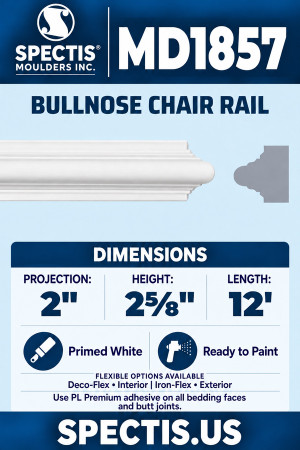 MD1857 Bullnose Chair Rail — Polyurethane — 2″ P × 2⅝″ H × 12′ L — clean moulding and matching side profile
