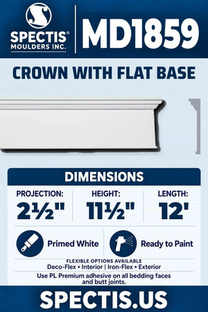 Spectis MD1859 crown with flat base, section and side profile. 2½ inch projection, 11½ inch height, 12 foot length. Use PL Premium adhesive. Flexible options: Deco-Flex for interior use; Iron-Flex for exterior use.