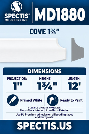 MD1880 Cove 1¾″ — Polyurethane — 1″ P × 1¾″ H × 12′ L — moulding and matching side profile