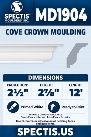 Spectis MD1904 cove crown moulding, section and side profile. 2½ inch projection, 2⅞ inch height, 12 foot length. Use PL Premium adhesive. Flexible options: Deco-Flex for interior use; Iron-Flex for exterior use.