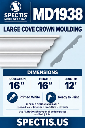 MD1938 Large Cove Crown Moulding — Polyurethane — 16″ P × 16″ H × 12′ L — moulding and matching side profile