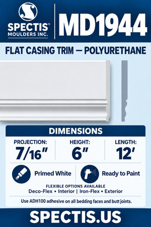 MD1944 Flat Casing Trim — Polyurethane — 7⁄16″ P × 6″ H × 12′ L — moulding and matching side profile