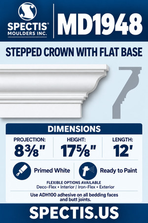 MD1948 Stepped Crown with Flat Base — Polyurethane — 8⅜″ P × 17⅝″ H × 12′ L — moulding and matching side profile