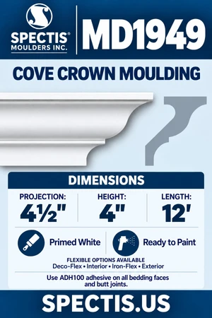 MD1949 Cove Crown Moulding — Polyurethane — 4½″ P × 4″ H × 12′ L — moulding and matching side profile