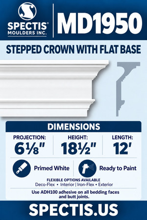 MD1950 Stepped Crown with Flat Base — Polyurethane — 6⅛″ P × 18½″ H × 12′ L — moulding and matching side profile