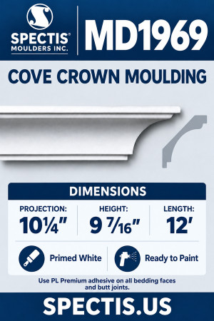 Spectis MD1969 cove crown moulding, primed white polyurethane; 10¼ inch projection, 9 7/16 inch height and 12 foot length. Use PL Premium adhesive on all bedding faces and butt joints.