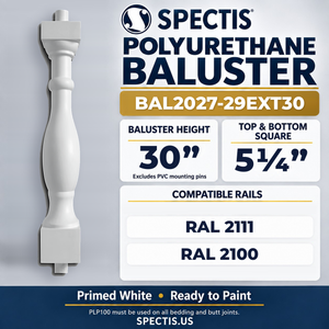BAL2027-29EXT30 Spectis Polyurethane Baluster — 30″ H × 5 1/4″ Square; compatible rails: RAL 2111, RAL 2100