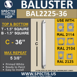 BAL2225-36 Square Urethane Railing Baluster 1 1/2" x 36"