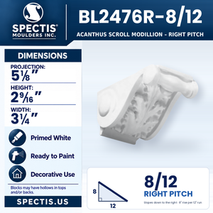 BL2476R-8/12 Acanthus Scroll Modillion, right 8/12 pitch, Spectis polyurethane modillion, 5 1/8 in projection x 2 9/16 in high x 3 1/4 in wide