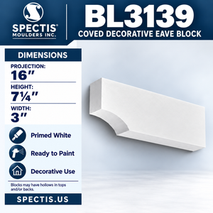 BL3139 Coved Decorative Eave Block 3"W x 7.25"H x 16"P
