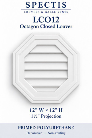LCO12 Octagon Closed Louver — 12″ W × 12″ H × 1½″ projection — decorative, non-venting