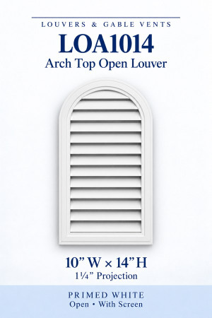 LOA1014 LOA1014 Arch Top Open Louver Vent — 10″ W × 14″ H — Primed White, primed white, 10 inches wide by 14 inches high