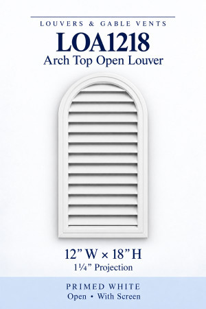 LOA1218 LOA1218 Arch Top Open Louver Vent — 12″ W × 18″ H — Primed White, primed white, 12 inches wide by 18 inches high