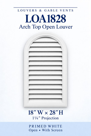 LOA1828 LOA1828 Arch Top Open Louver Vent — 18″ W × 28″ H — Primed White, primed white, 18 inches wide by 28 inches high