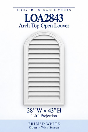 LOA2843 LOA2843 Arch Top Open Louver Vent — 28″ W × 43″ H — Primed White, primed white, 28 inches wide by 43 inches high