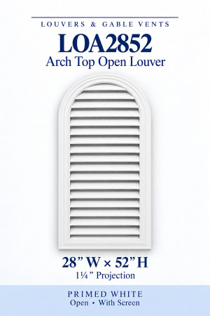 LOA2852 LOA2852 Arch Top Open Louver Vent — 28″ W × 52″ H — Primed White, primed white, 28 inches wide by 52 inches high