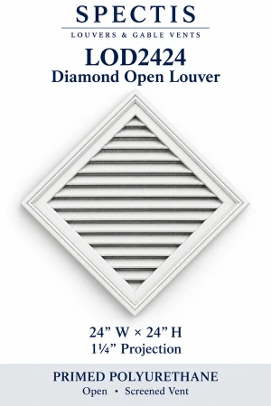 LOD2424 Diamond Open Louver — 24″ W × 24″ H × 1¼″ projection — screened vent