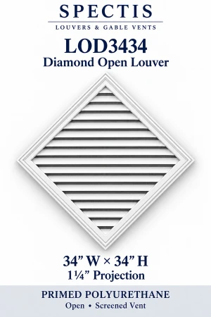 LOD3434 Diamond Open Louver — 34″ W × 34″ H × 1¼″ projection — screened vent