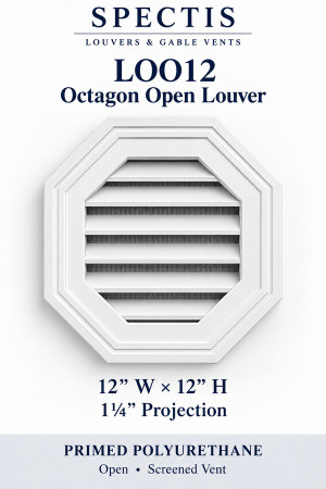 LOO12 Octagon Open Louver — 12″ W × 12″ H × 1¼″ projection — screened vent