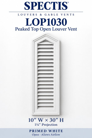 LOP1030 Peaked Top Open Louver Vent — 10″ W × 30″ H — Primed White — 1¼″ projection; open airflow