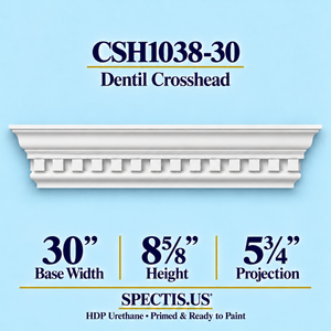 CSH1038-30 dentil door and window crosshead, 30 inch base width x 8⅝ inch height x 5¾ inch projection, primed HDP urethane
