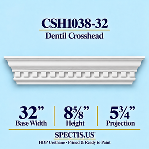 CSH1038-32 dentil door and window crosshead, 32 inch base width x 8⅝ inch height x 5¾ inch projection, primed HDP urethane