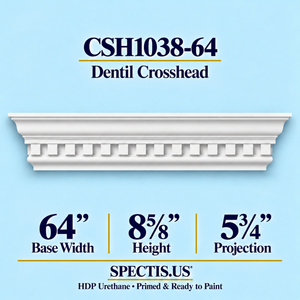 CSH1038-64 dentil door and window crosshead, 64 inch base width x 8⅝ inch height x 5¾ inch projection, primed HDP urethane