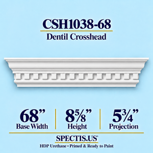 CSH1038-68 dentil door and window crosshead, 68 inch base width x 8⅝ inch height x 5¾ inch projection, primed HDP urethane