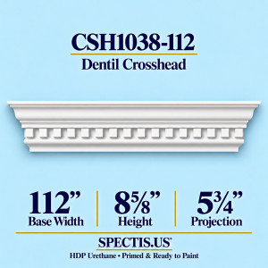 CSH1038-112 dentil door and window crosshead, 112 inch base width x 8⅝ inch height x 5¾ inch projection, primed HDP urethane