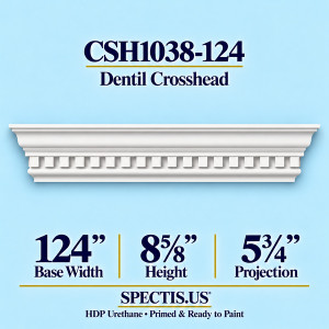 CSH1038-124 dentil door and window crosshead, 124 inch base width x 8⅝ inch height x 5¾ inch projection, primed HDP urethane