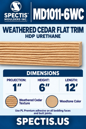 MD1011-6WC Weathered Cedar Flat Trim — HDP Urethane — 1″ P × 6″ H × 12′ L