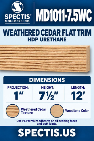 MD1011-7.5WC Weathered Cedar Flat Trim — HDP Urethane — 1″ P × 7½″ H × 12′ L