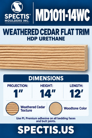 MD1011-14WC Weathered Cedar Flat Trim — HDP Urethane — 1″ P × 14″ H × 12′ L