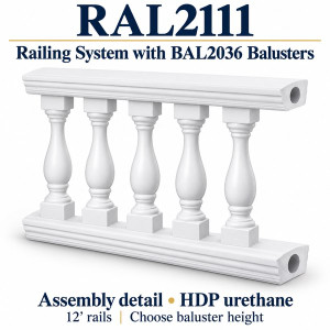RAL2111 railing system with BAL2036 balusters — shortened HDP urethane assembly illustration