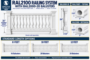 RAL2100 with BAL2000-20 balusters: 20 inch baluster, 31 inch assembly height excluding bottom clearance; 8, 10 and 12 foot options