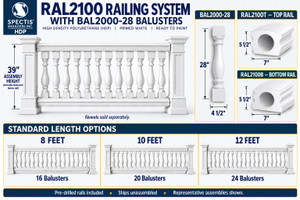 RAL2100 with BAL2000-28 balusters: 28 inch baluster, 39 inch assembly height excluding bottom clearance; 8, 10 and 12 foot options