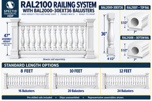 RAL2100 with BAL2000-30EXT36 balusters: 36 inch baluster, 47 inch assembly height excluding bottom clearance; 8, 10 and 12 foot options