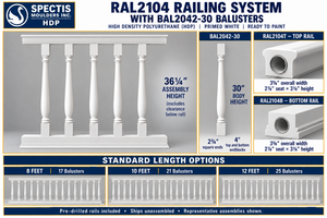 RAL2104 railing system with BAL2042-30 slender turned balusters; 36¼ inch assembly, 8, 10 and 12 foot rail options, pre-drilling included.