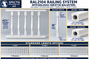 RAL2104 railing system with BAL2042-30EXT36 balusters; rail profile details, assembly height and 8, 10 and 12 foot quantities. Representative assemblies shown.