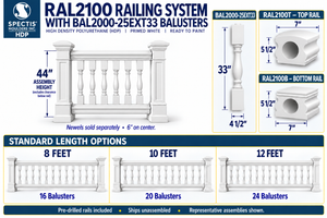 RAL2100 with BAL2000-25EXT33: 44-inch assembly, 33-inch baluster body, 4.5-inch square ends; 8/10/12 ft sections with 16/20/24 balusters and pre-drilling included. Newels sold separately.