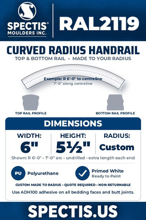 Spectis RAL2119 curved radius handrail, custom top and bottom rail, 6 inch W x 5 1/2 inch H, made to your radius. Primed polyurethane, ready to paint.