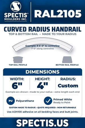 Spectis RAL2105 curved radius handrail, custom top and bottom rail, 6 inch W x 4 inch H, made to your radius. Primed polyurethane, ready to paint.